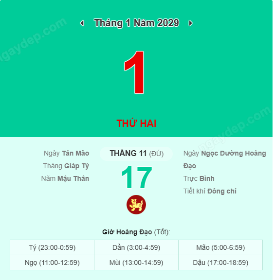 Xem lịch âm ngày 1 tháng 1 năm 2029