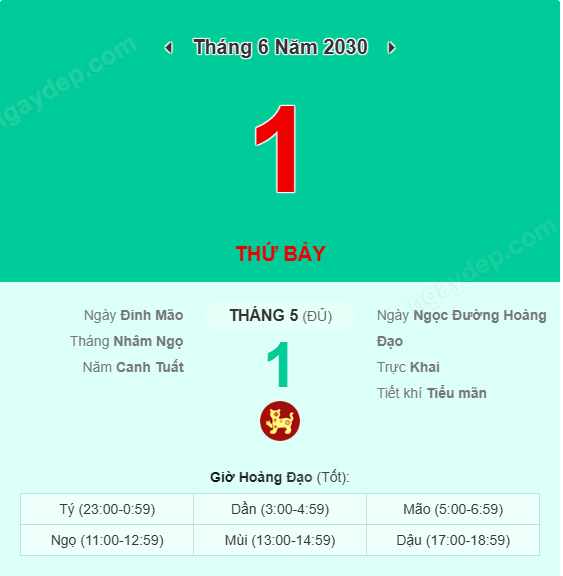 Xem lịch âm ngày 1 tháng 6 năm 2030