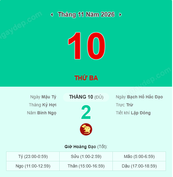 Xem lịch âm ngày 10 tháng 11 năm 2026