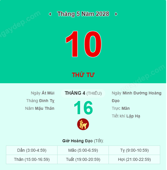 Xem lịch âm ngày 10 tháng 5 năm 2028