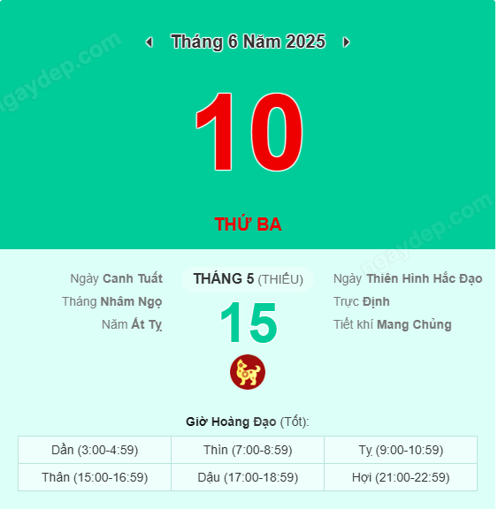 Xem lịch âm ngày 10 tháng 6 năm 2025