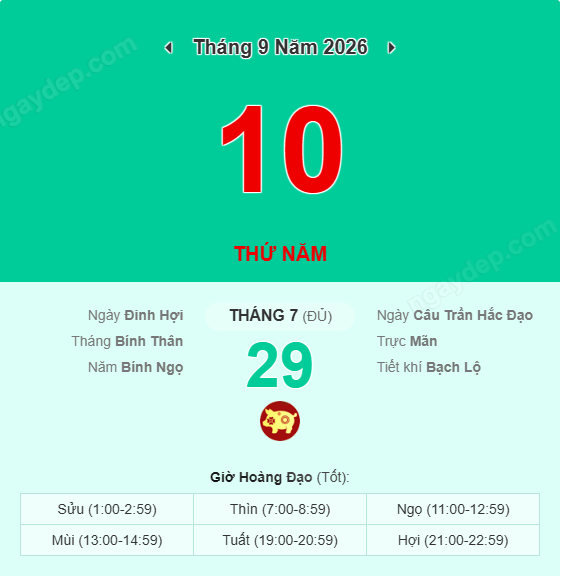 Xem lịch âm ngày 10 tháng 9 năm 2026