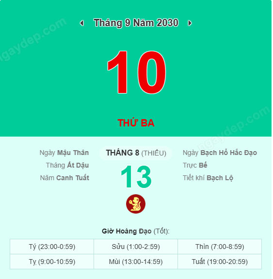 Xem lịch âm ngày 10 tháng 9 năm 2030