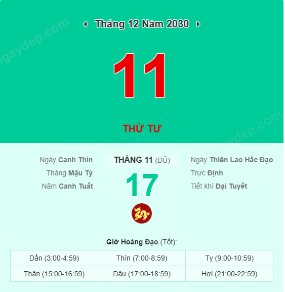 Xem lịch âm ngày 11 tháng 12 năm 2030