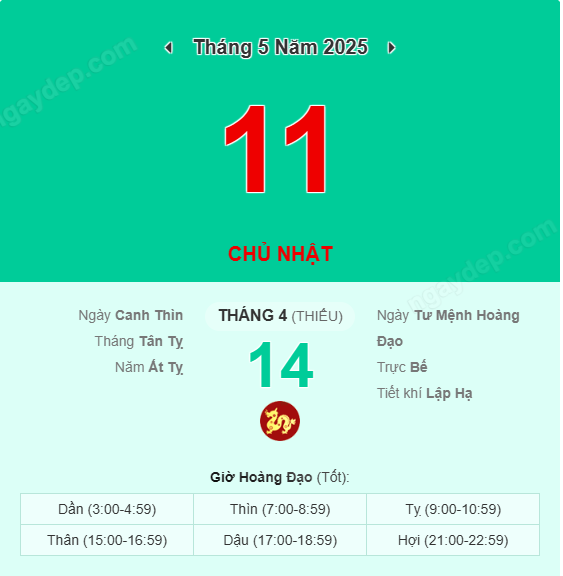 Xem lịch âm ngày 11 tháng 5 năm 2025