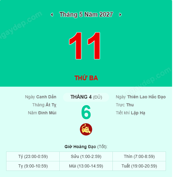 Xem lịch âm ngày 11 tháng 5 năm 2027