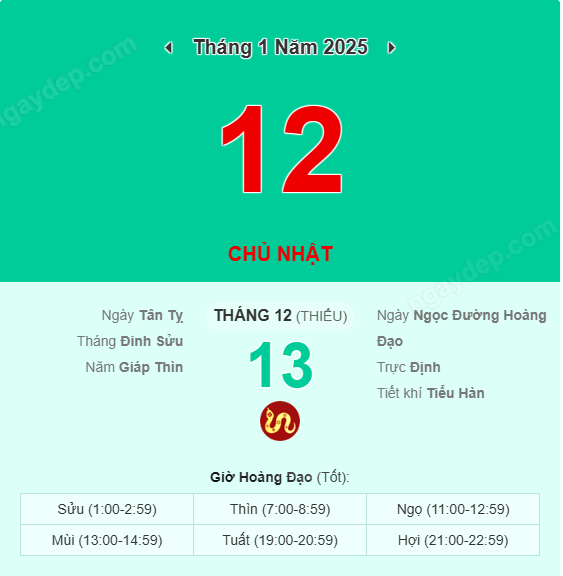 Xem lịch âm ngày 12 tháng 1 năm 2025