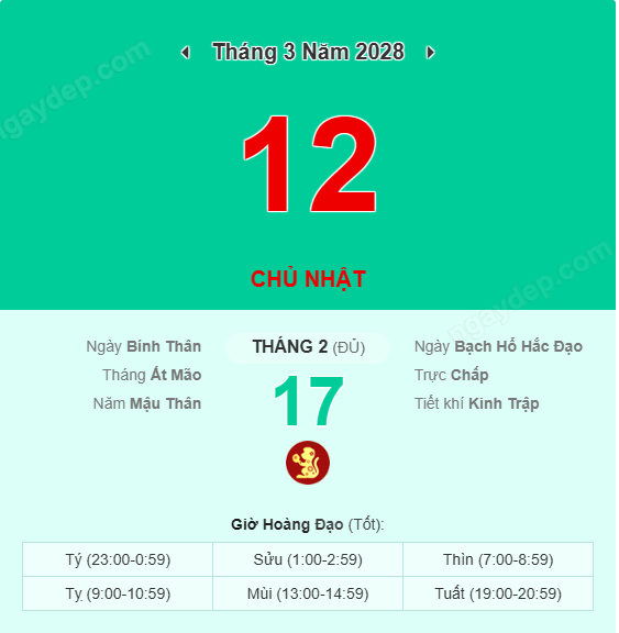 Xem lịch âm ngày 12 tháng 3 năm 2028