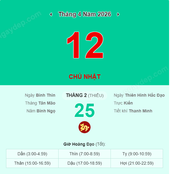 Xem lịch âm ngày 12 tháng 4 năm 2026