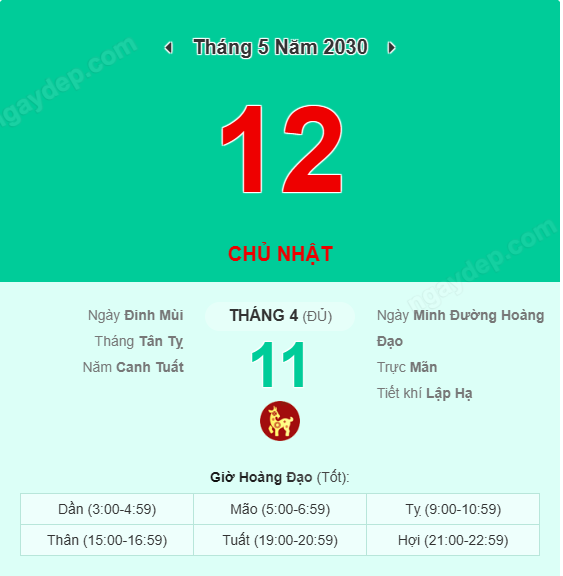 Xem lịch âm ngày 12 tháng 5 năm 2030