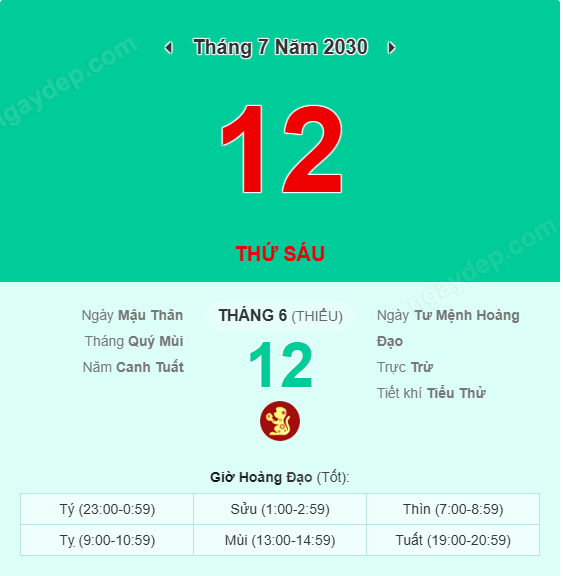 Xem lịch âm ngày 12 tháng 7 năm 2030