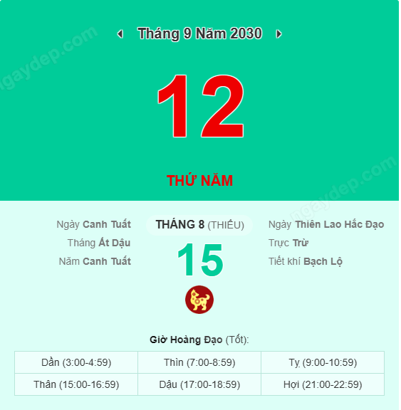 Xem lịch âm ngày 12 tháng 9 năm 2030