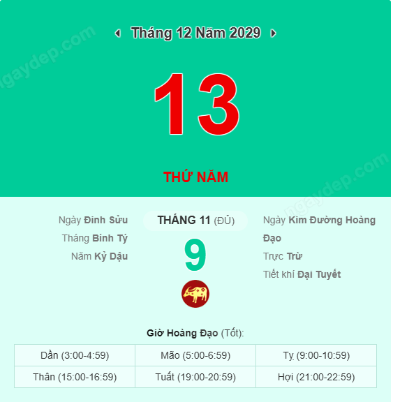 Xem lịch âm ngày 13 tháng 12 năm 2029