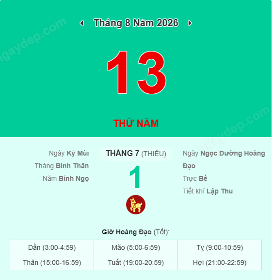 Xem lịch âm ngày 13 tháng 8 năm 2026