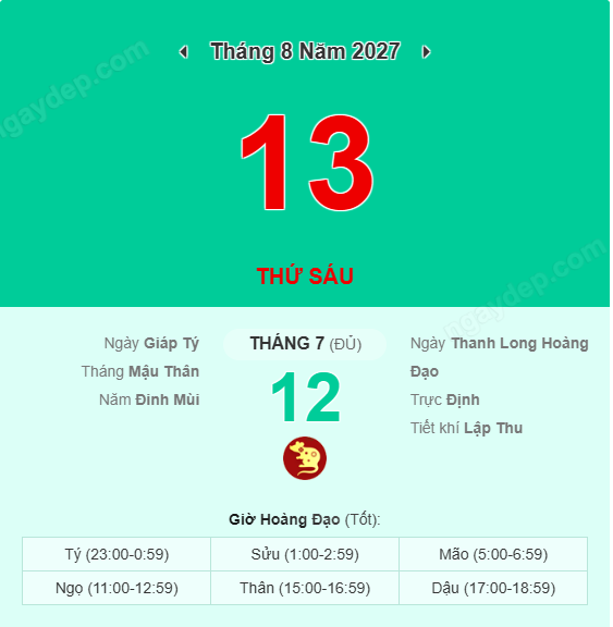 Xem lịch âm ngày 13 tháng 8 năm 2027