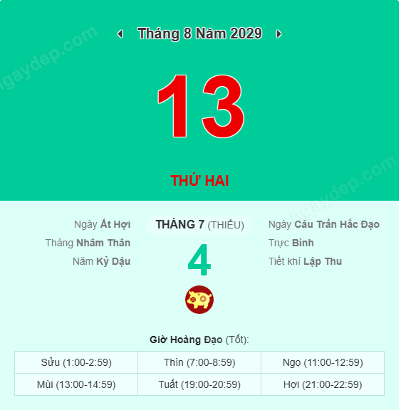 Xem lịch âm ngày 13 tháng 8 năm 2029