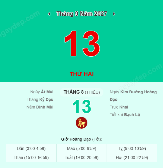 Xem lịch âm ngày 13 tháng 9 năm 2027