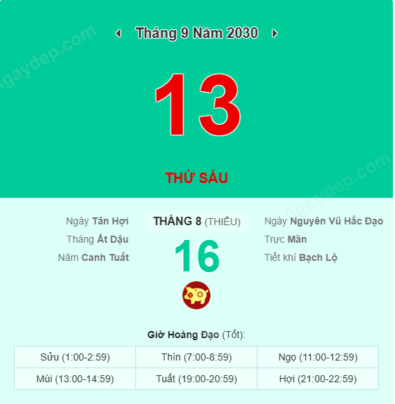 Xem lịch âm ngày 13 tháng 9 năm 2030