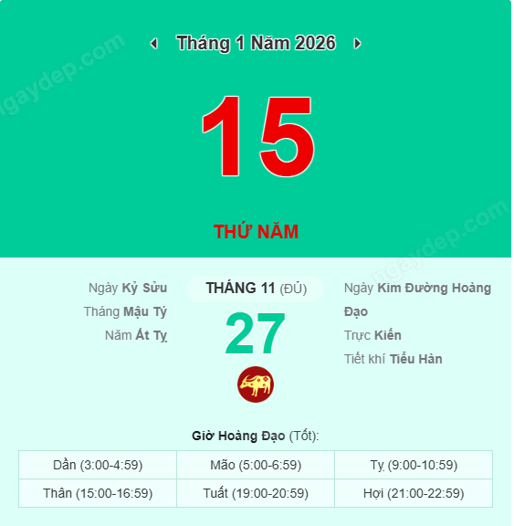 Xem lịch âm ngày 15 tháng 1 năm 2026