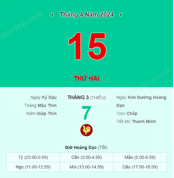 Xem lịch âm ngày 15 tháng 4 năm 2024