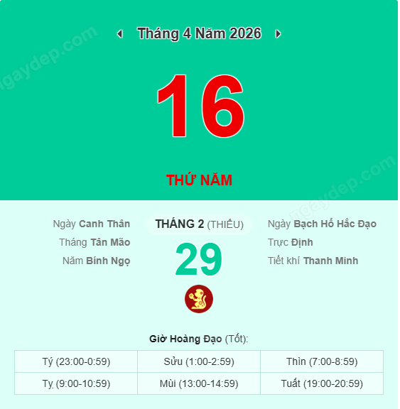 Xem lịch âm ngày 16 tháng 4 năm 2026