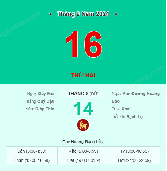 Xem lịch âm ngày 16 tháng 9 năm 2024