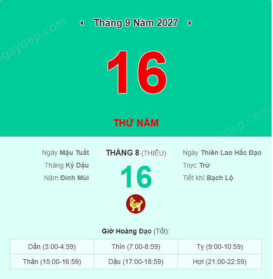 Xem lịch âm ngày 16 tháng 9 năm 2027