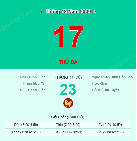 Xem lịch âm ngày 17 tháng 12 năm 2030