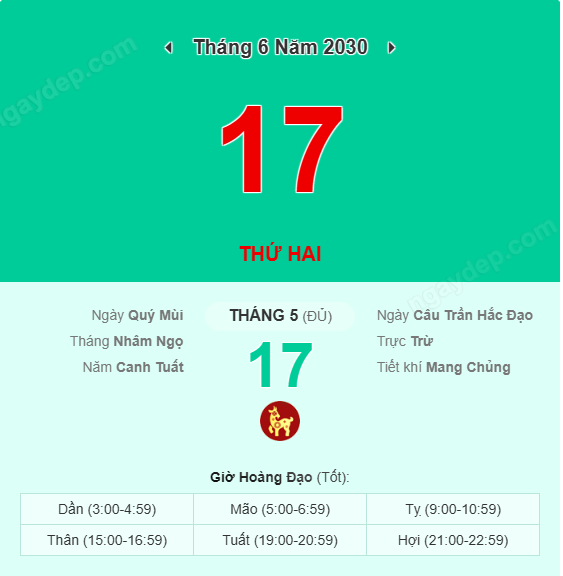 Xem lịch âm ngày 17 tháng 6 năm 2030