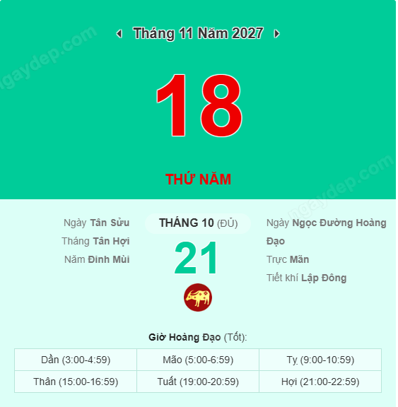 Xem lịch âm ngày 18 tháng 11 năm 2027