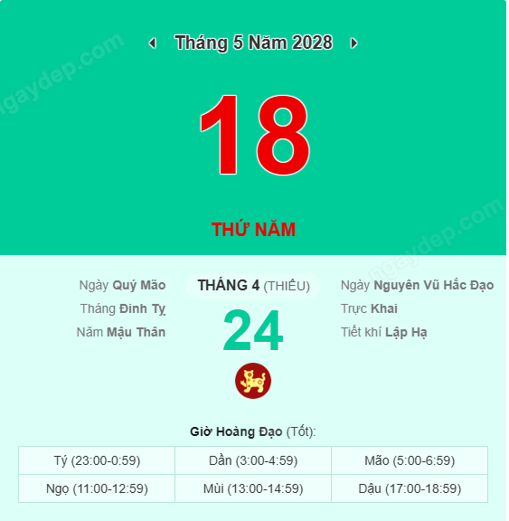 Xem lịch âm ngày 18 tháng 5 năm 2028