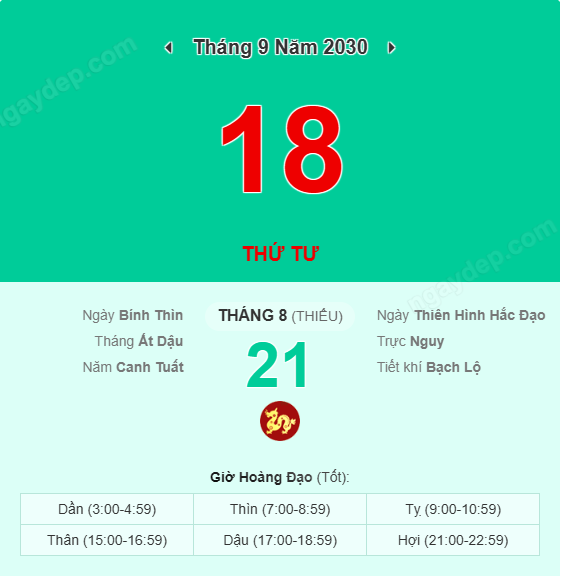 Xem lịch âm ngày 18 tháng 9 năm 2030