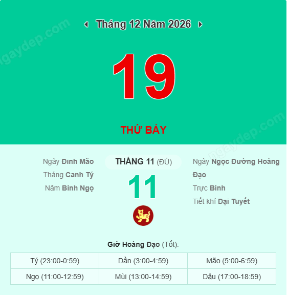 Xem lịch âm ngày 19 tháng 12 năm 2026