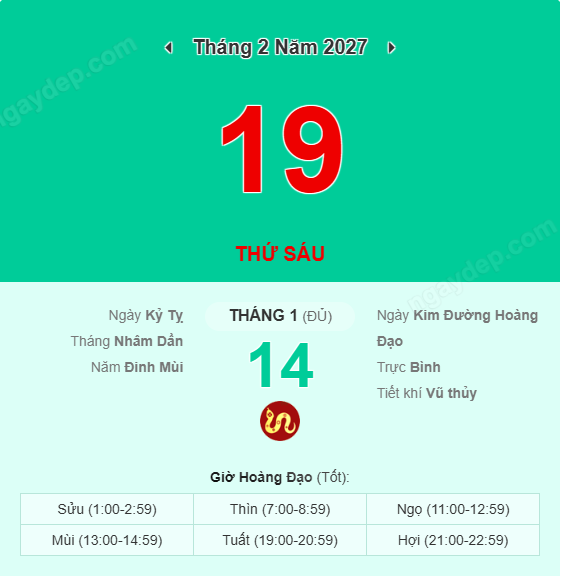 Xem lịch âm ngày 19 tháng 2 năm 2027