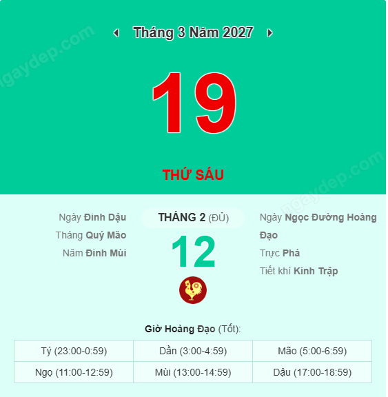 Xem lịch âm ngày 19 tháng 3 năm 2027