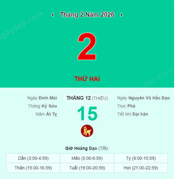 Xem lịch âm ngày 2 tháng 2 năm 2026