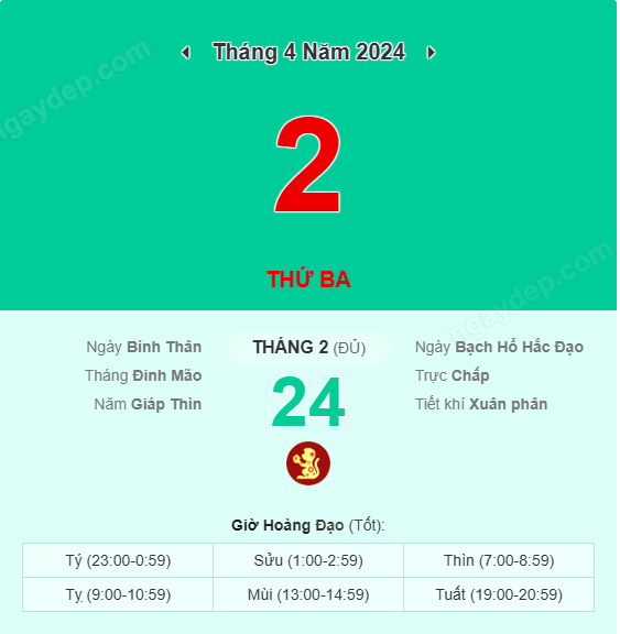 Xem lịch âm ngày 2 tháng 4 năm 2024