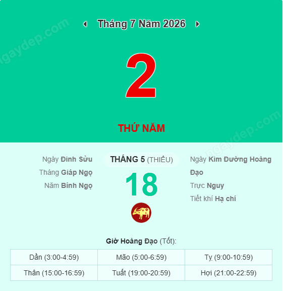 Xem lịch âm ngày 2 tháng 7 năm 2026