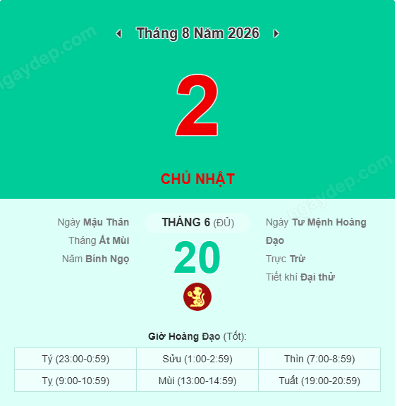 Xem lịch âm ngày 2 tháng 8 năm 2026