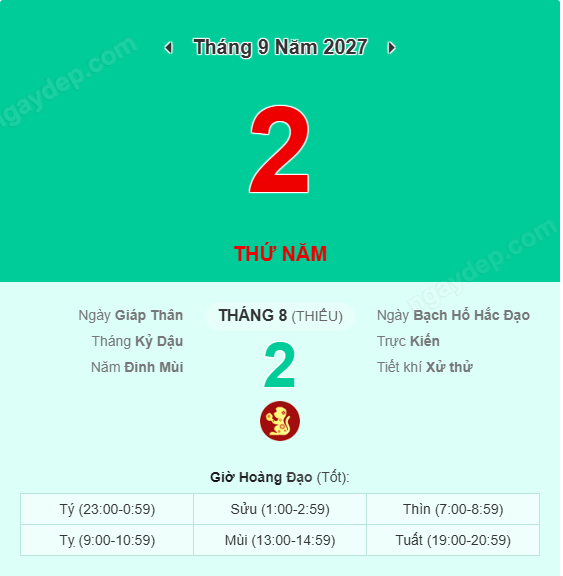 Xem lịch âm ngày 2 tháng 9 năm 2027