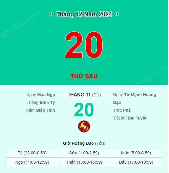 Xem lịch âm ngày 20 tháng 12 năm 2024