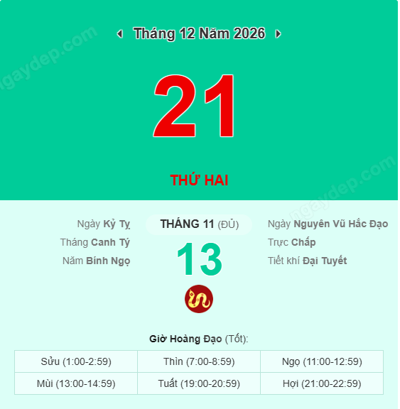 Xem lịch âm ngày 21 tháng 12 năm 2026