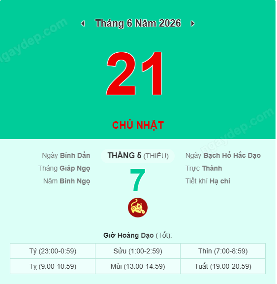 Xem lịch âm ngày 21 tháng 6 năm 2026