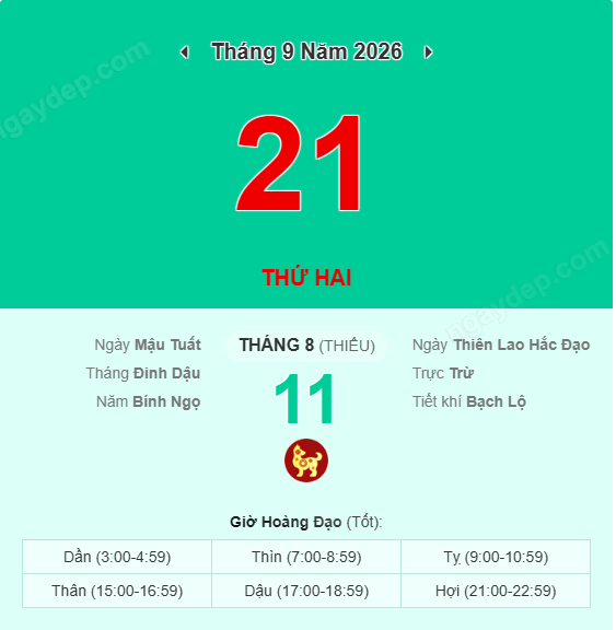 Xem lịch âm ngày 21 tháng 9 năm 2026