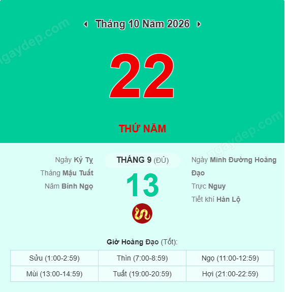 Xem lịch âm ngày 22 tháng 10 năm 2026