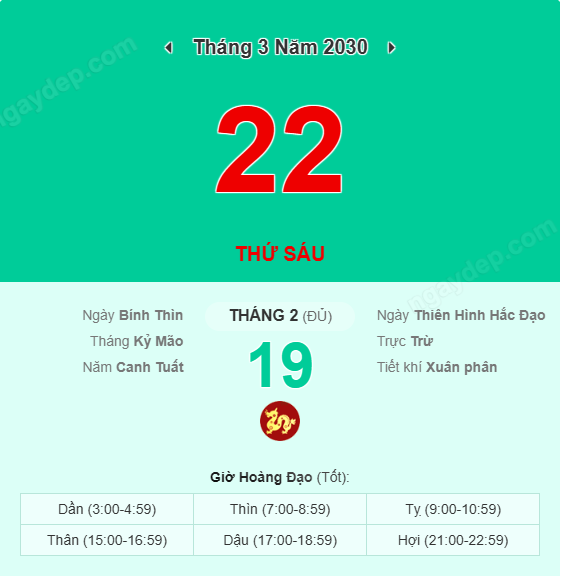 Xem lịch âm ngày 22 tháng 3 năm 2030