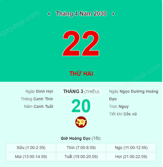 Xem lịch âm ngày 22 tháng 4 năm 2030