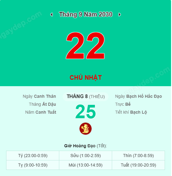 Xem lịch âm ngày 22 tháng 9 năm 2030