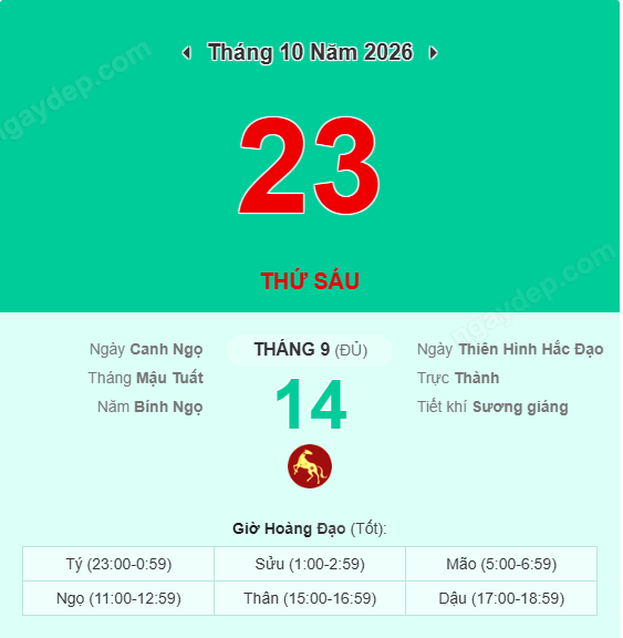 Xem lịch âm ngày 23 tháng 10 năm 2026