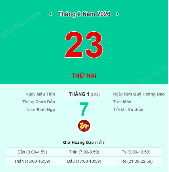 Xem lịch âm ngày 23 tháng 2 năm 2026